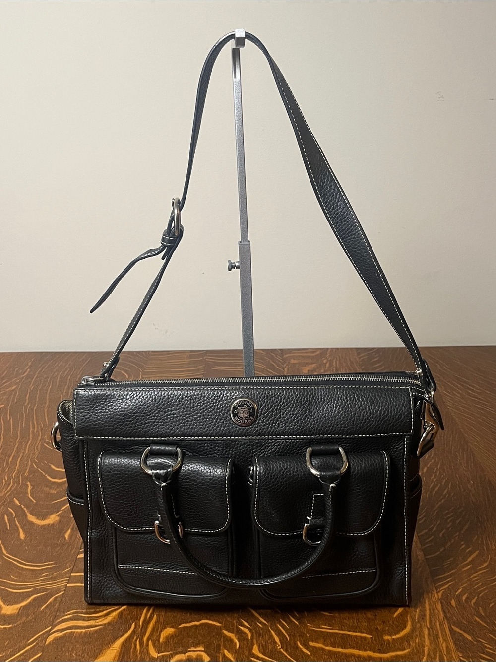Dooney & Bourke Black Pebbled Leather Double Pocket Satchel